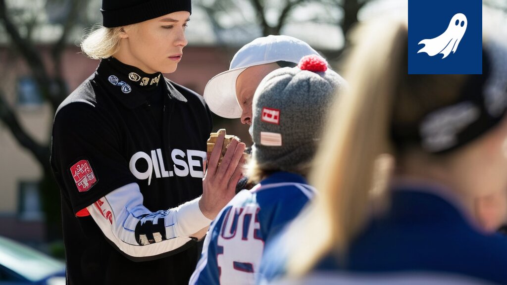 Pesäpallokentällä pelaajat selittävät sääntöjä yleisölle samalla kun pelaavat ottelua, kuva symboloi sosiaalisen median painetta urheilussa.