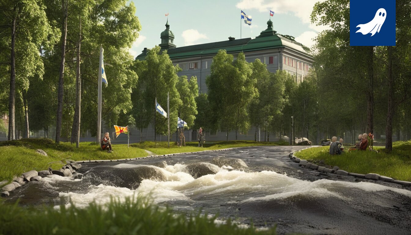 Tammerkosken kuohut esitettynä itsenäisen kansakunnan symbolina, satiirinen uutiskuva.