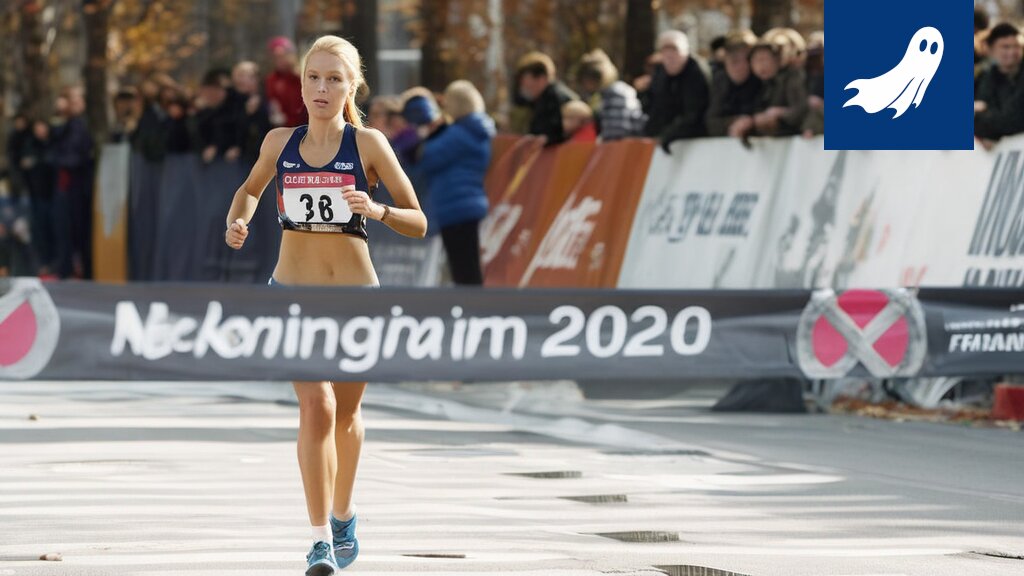 Maratonjuoksija ylittää maalilinjan, symboloiden suorituskyvyn ja palkkioiden välistä yhteyttä satiirisessa kontekstissa.