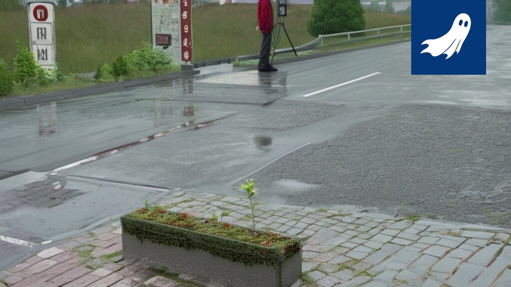 Satiirinen kuva Tampereen tulvasta tai "Vesipoliisista" partioimassa märkää katua.