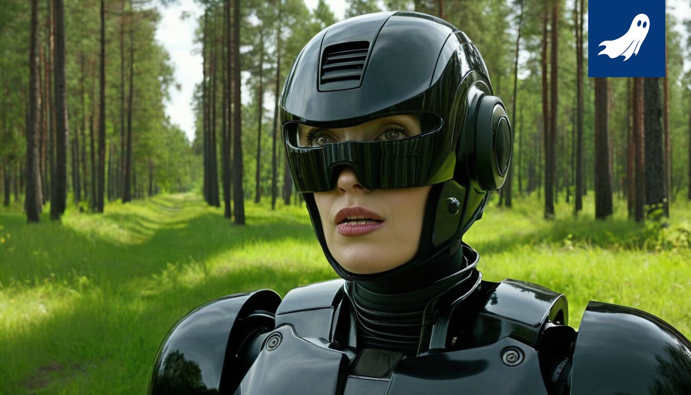 Pimeä pesäpallokenttä, jossa Robocop suorittaa valaistusoperaatiota, kuvastaen satiirista uutisointia.