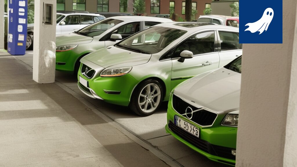 Sarjakuvamainen kuva pysäköintihallista, jossa autot louhivat digitaalista valuuttaa.