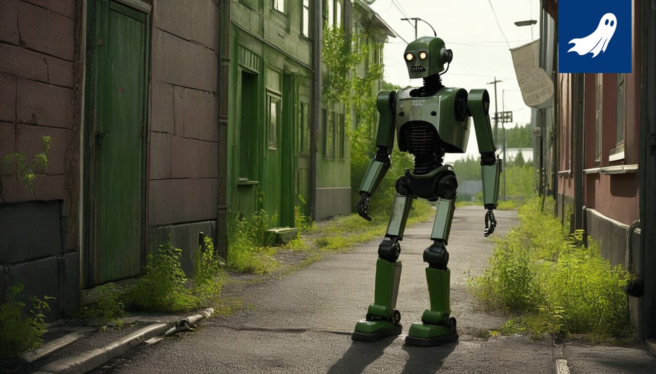 P-Hämeenpuiston pysäköintihallissa leijuu hologrammimainen sakkomääräys robottipoliisin valvovan katseen alla.
