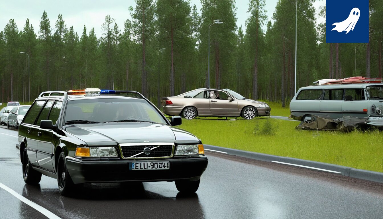 Uutisartikkelin kuvitus, jossa näkyy ulosajossa ollut rekka ja taustalla robottipoliisi Robocop.