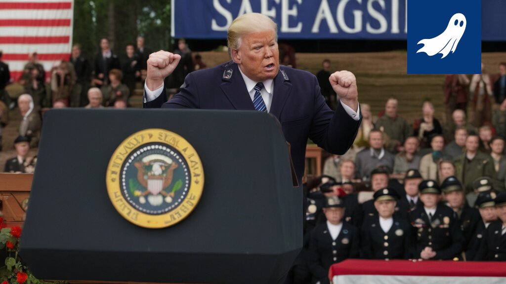 Sarjakuvamainen kuva Donald Trumpista jakamassa "Uskollisuuspaketteja" Euroopan johtajille.