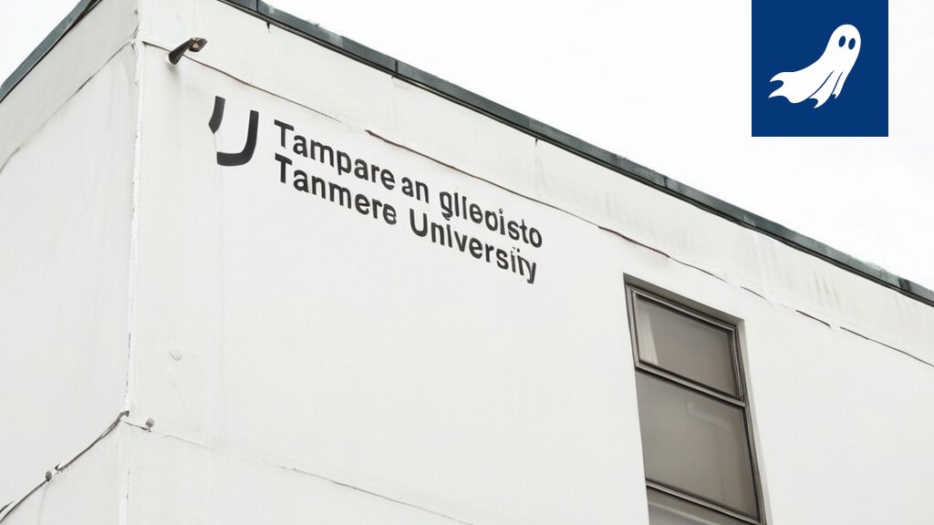 Sarjakuvamainen kuva Tampereen yliopiston logosta, jossa on digitaalinen NFT-tokenin symboli.