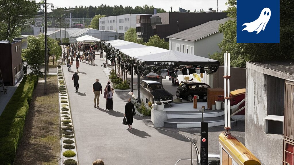 Sarjakuvamainen kuva Tampereen kaupungintalosta, jonka edessä eläkeläinen istuu koirankopissa.