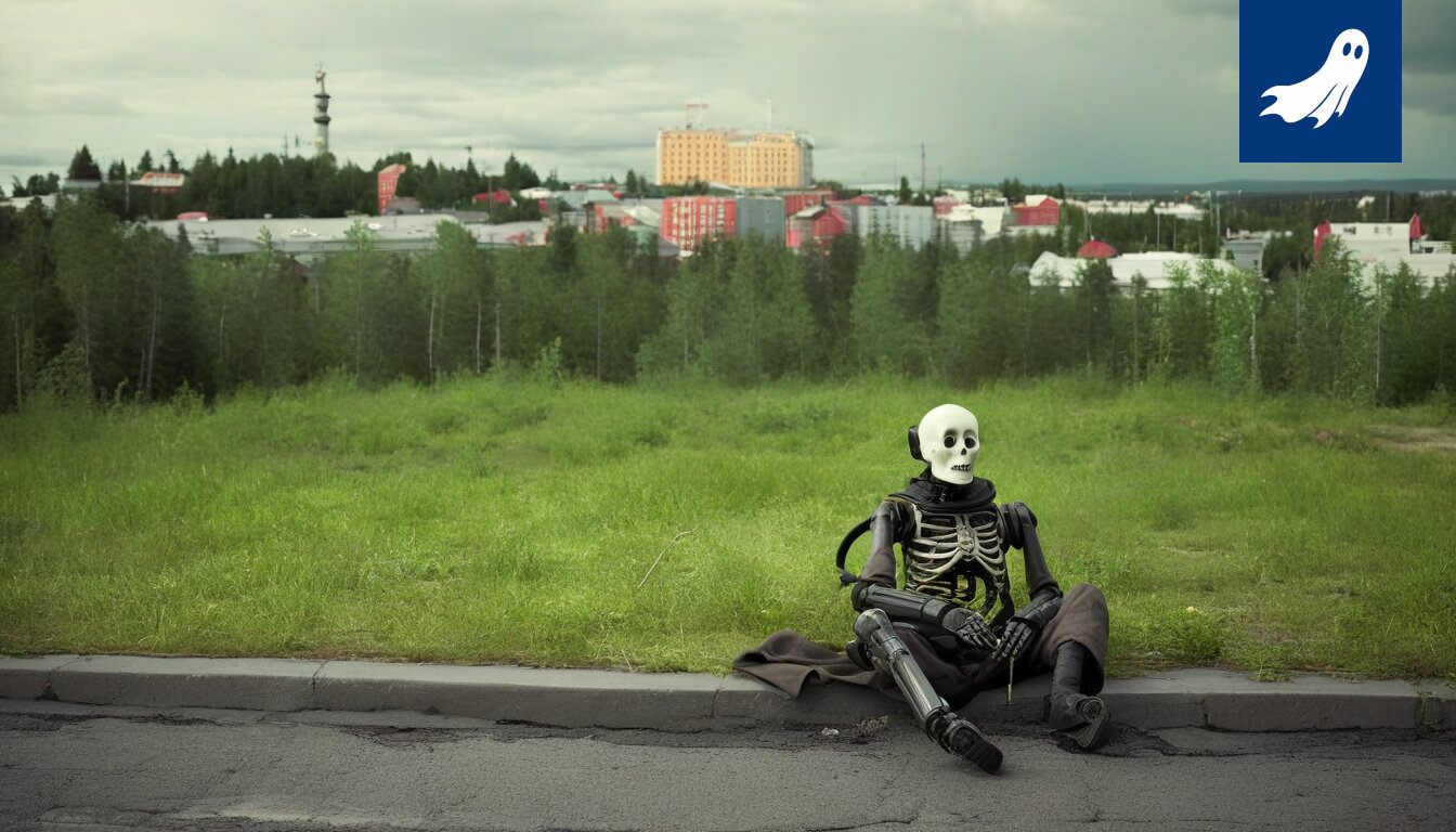 Satiirinen kuva Tampereen Komediateatterin Palatsista, jossa robottinäyttelijä esiintyy yleisölle.