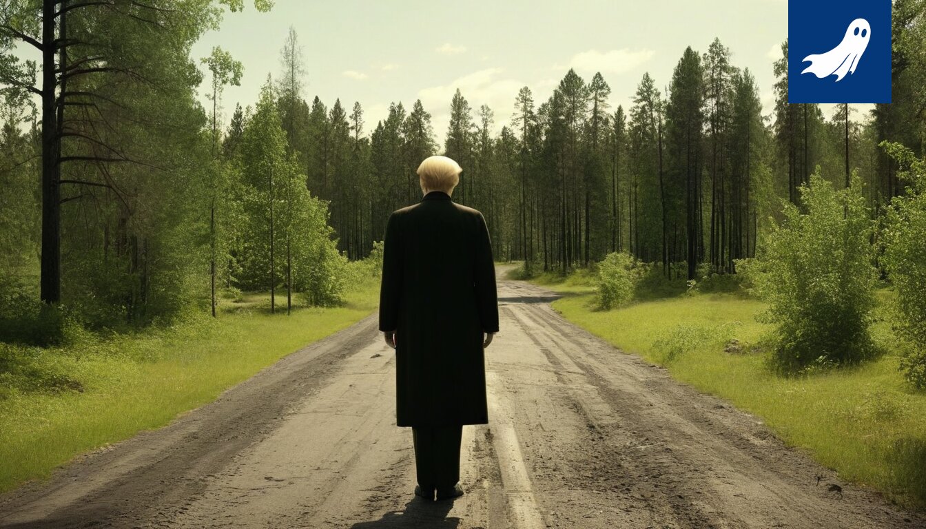 Sarjakuvamainen kuva Donald Trumpista, jonka päästä lähtee digitaalisia kolikoita ja NFT-kuvia.