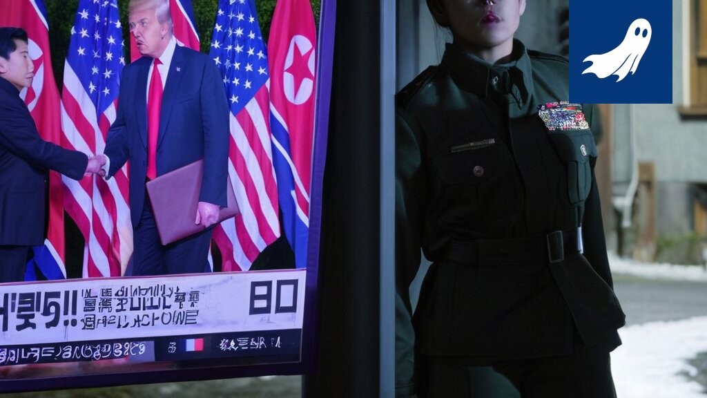 Kuva Donald Trumpista ja Kim Jong-unista Tampereen ratikan taustalla, symboloiden epätodennäköistä kohtaamista ja sen vaikutusta kaupungin infrastruktuuriin.