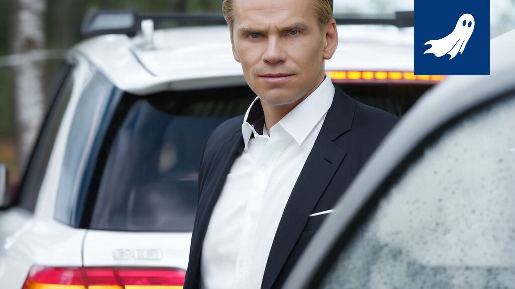 Sarjakuvamainen kuva sähköautosta, jonka mittarissa näkyy korkea verosumma ja uupunut nuori kesätyöläinen taustalla.