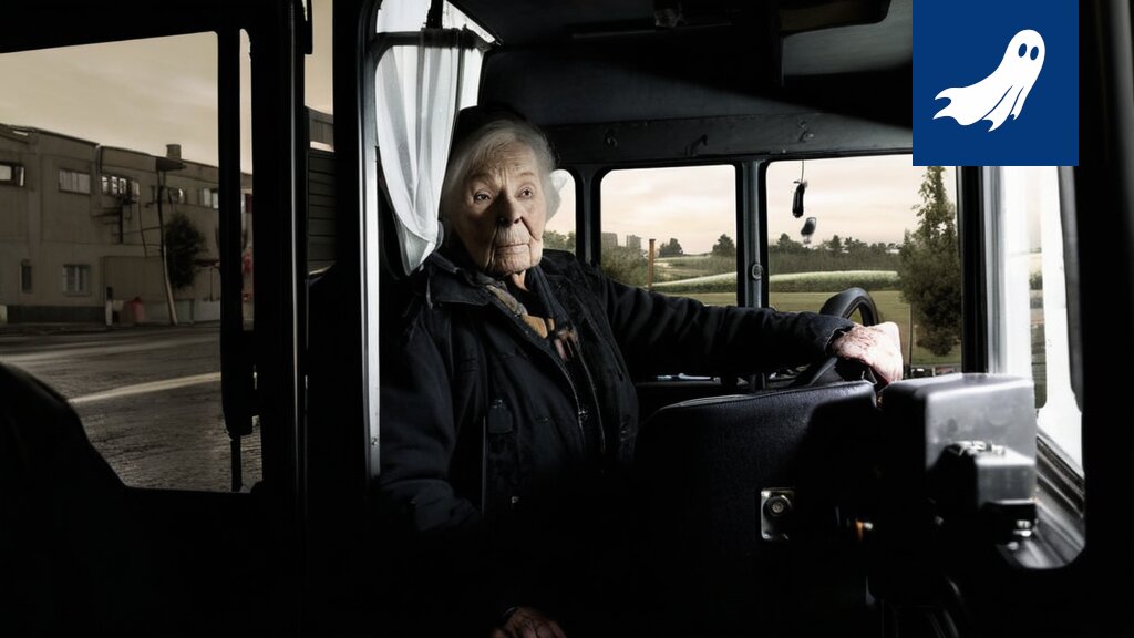 Kuva hymyilevästä bussinkuljettajasta, joka nauttii tortillasta linja-auton ratin takana.