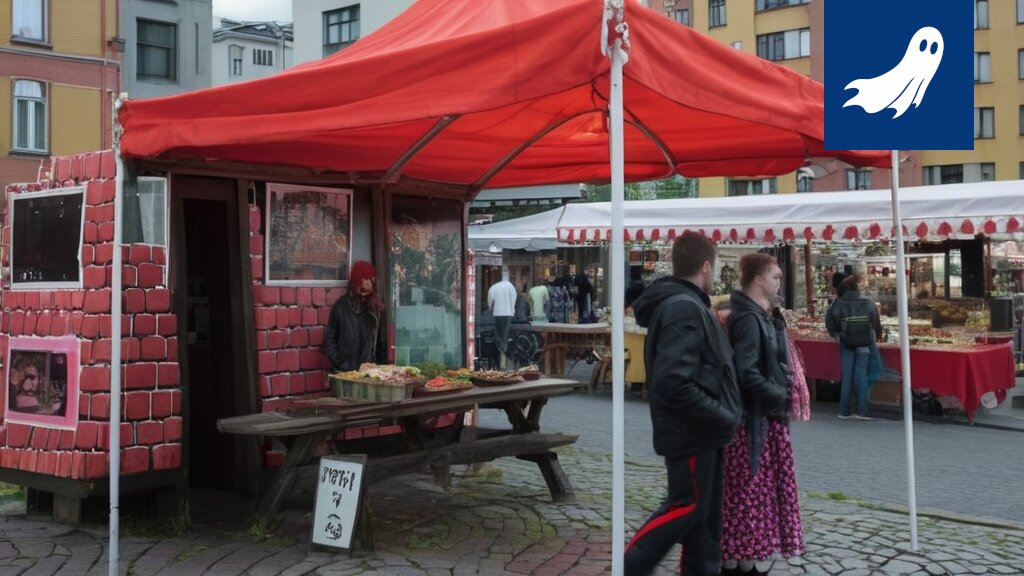 Satiirinen kuva Laukontorin torilta, jossa näkyy digitaalisia tacoja ja linnunpönttöjä.