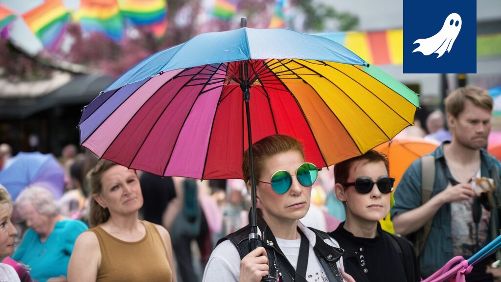 Neonväreissä kylpevä Tampereen kaupunki, jossa konfetti leijuu ilmassa, kuvaa satiirista uutisartikkelia tunteiden hallinnasta.