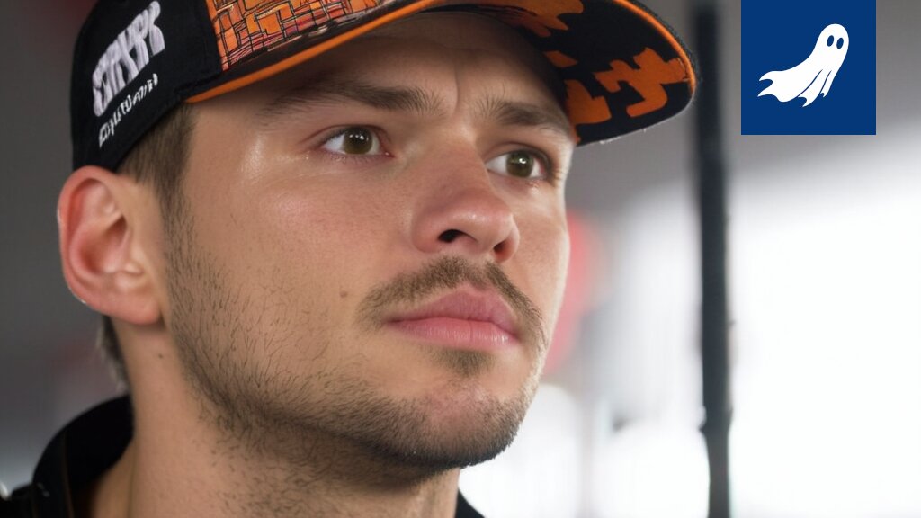 Max Verstappen hymyilee Red Bullin varikolla, taustalla näkyy futuristinen robottiauto.