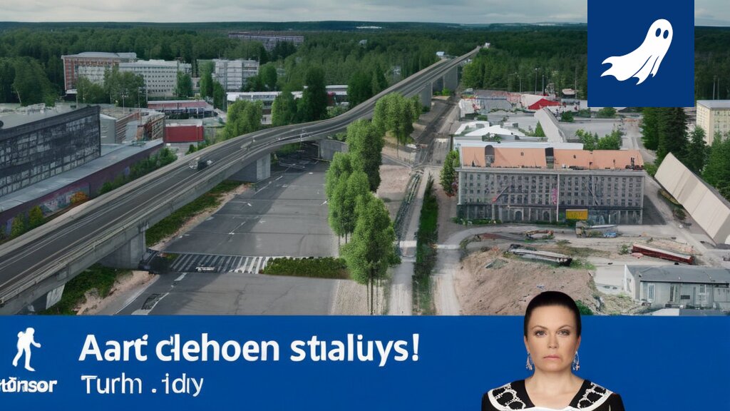Robocop seisoo Lempäälän keskustassa neonvalomainosten keskellä, Suomi-radan rakennustöiden taustalla.