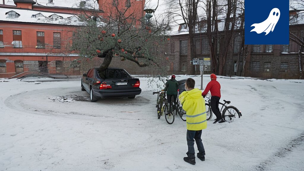 Satiirinen kuva Tampereen kaupungin omenapuuvallankumouksesta, jossa omenapuut muuttuvat osakkeiksi ja robottipartio valvoo sadonkorjuuta.