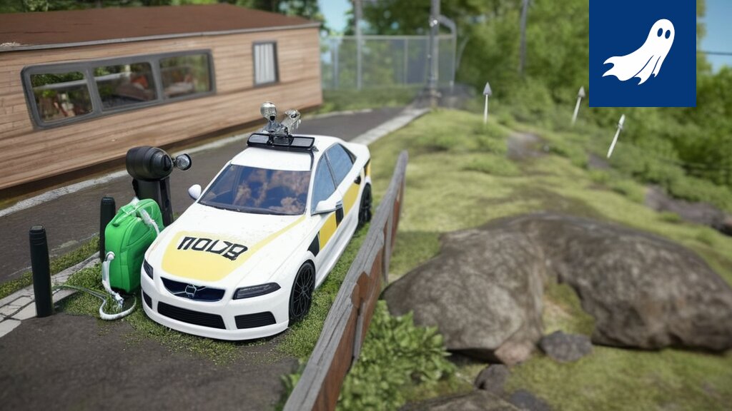 Robottipoliisi kiilaamassa mopoa Tampereen katukuvassa, satiirinen kuva.