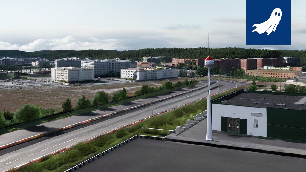Sarjakuvamainen kuva Robocopista partioimassa metsässä, taustalla Puskiaisten rakennustyömaa.