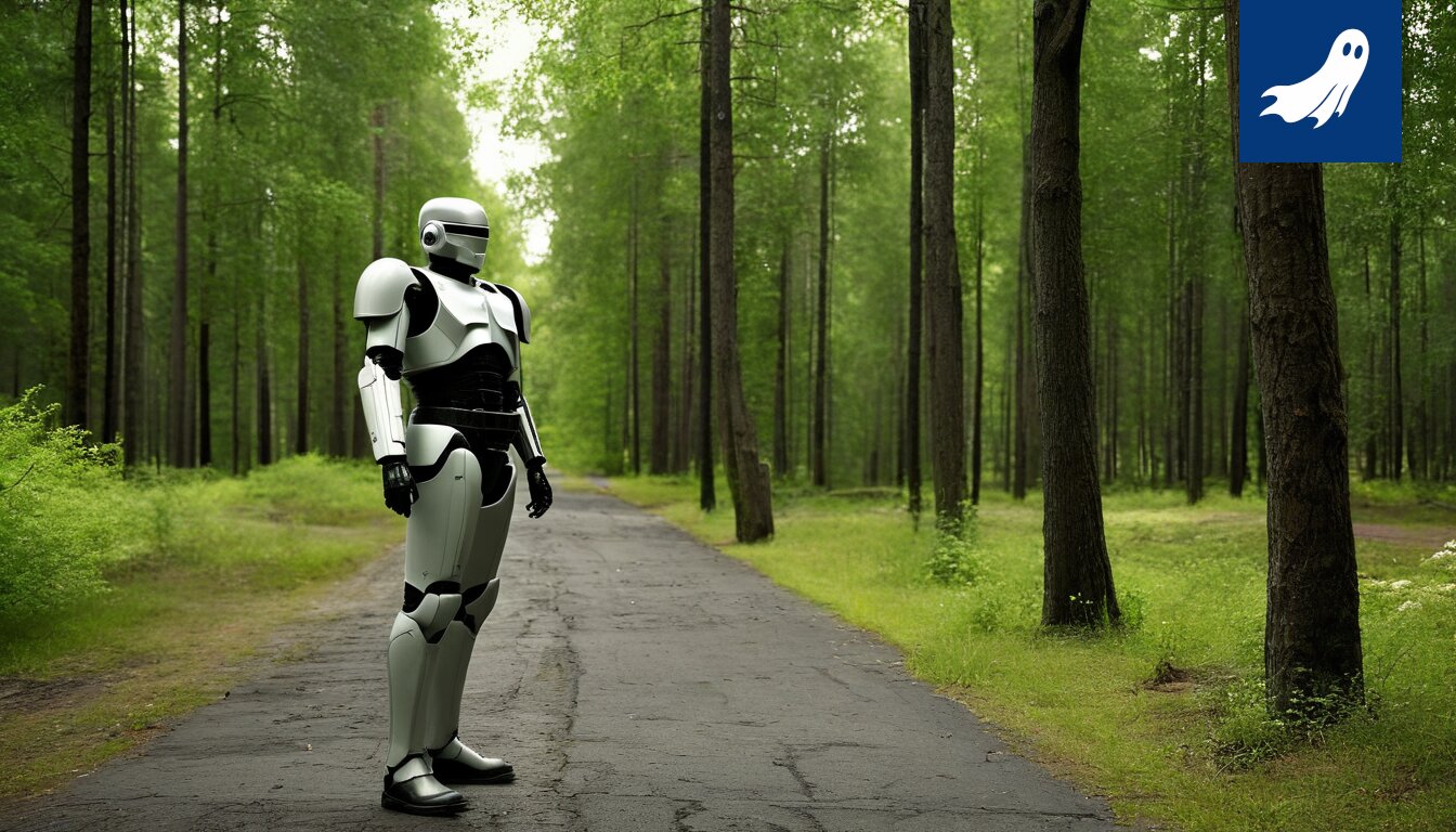 Sarjakuvamainen kuva Tampereen ratikasta, jossa on Robocop-hahmo valvontatehtävissä ja moottoripyöräilijöitä taustalla.