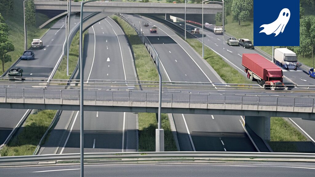 Kuva Kolmostien rampista, jossa autot väistävät äkillisesti satunnaisesti ilmestyviä 'turvakaistoja'.