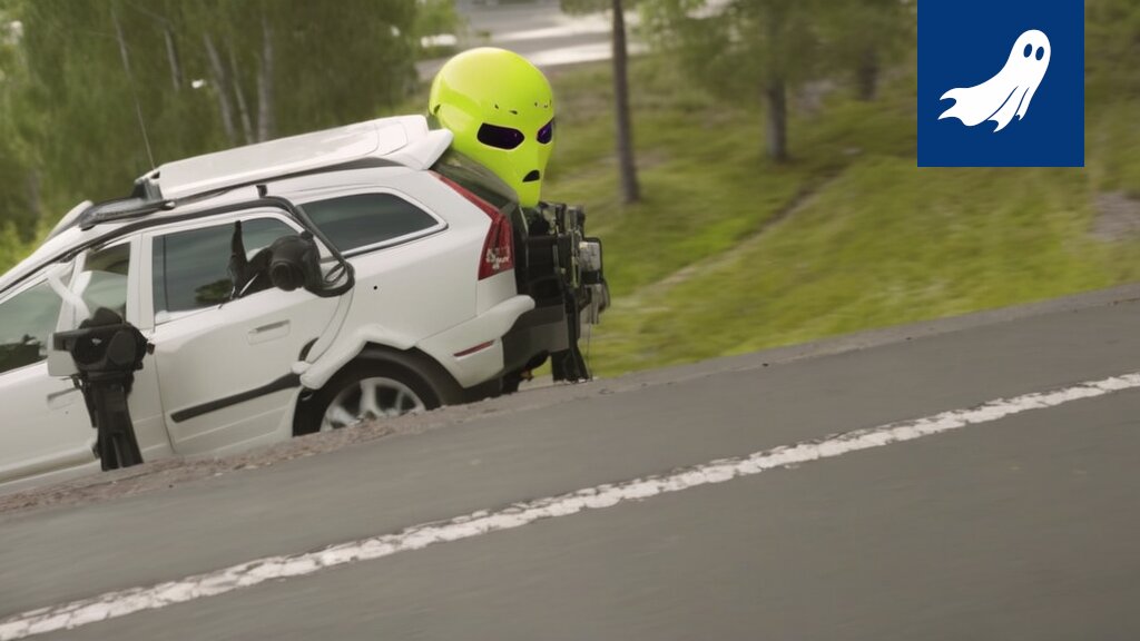 Robottipoliisi valvomassa Kolmostietä, satiirinen kuva liikenteen valvonnasta.