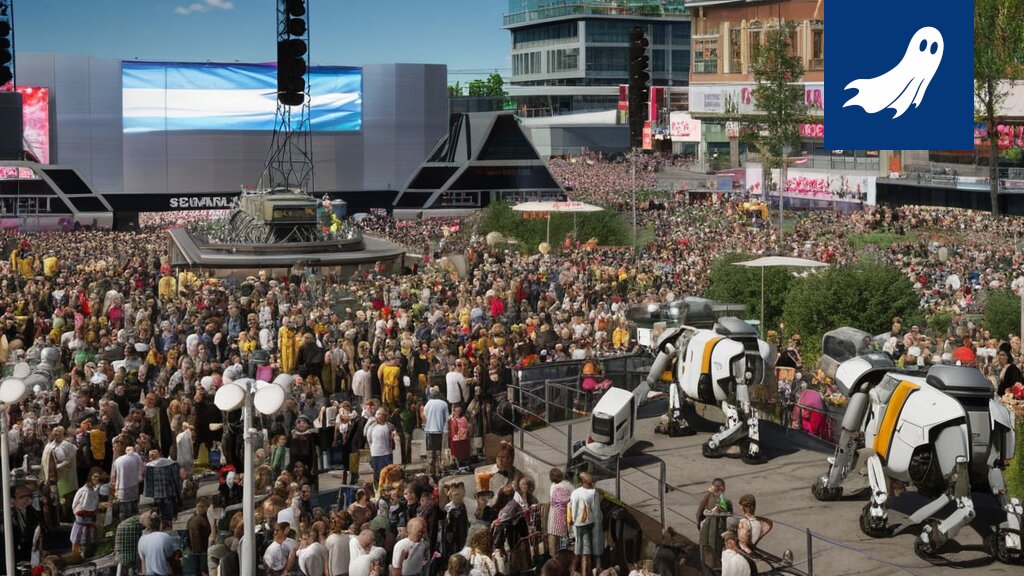 Robottipartio tarkkailee Tampereen kaupunkikuvaa, mikä kuvastaa artikkelin satiirista näkemystä automaation lisääntymisestä.