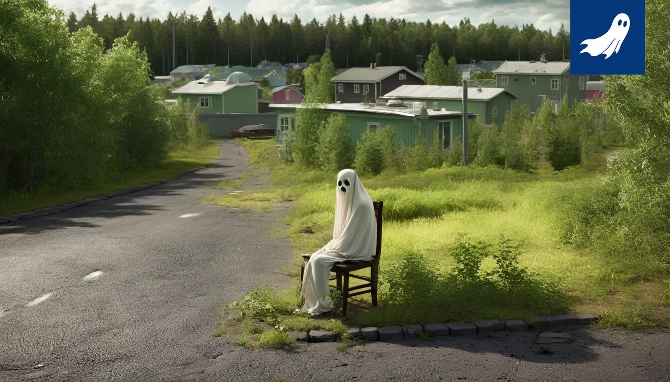 Sarjakuvamainen kuva Nokian datakeskuksesta, joka laajenee ja nielee ympäröivää kaupunkia.