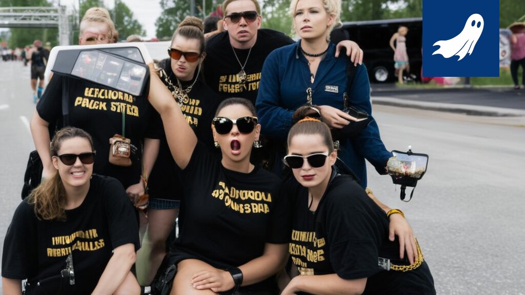 Kuva Blockfestin alueella poseeraavasta kulmahyllystä, joka on julistautunut festivaalin maskotiksi.