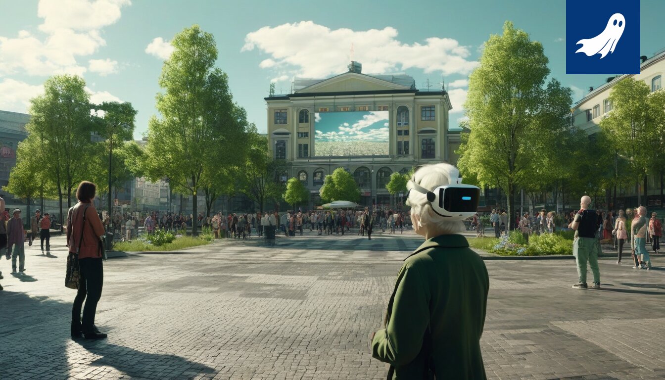 Vanhus VR-lasit päässä nauttimassa digitaalisesta joogatunnista, kuva symboloi virtuaalihoivan tulevaisuutta.
