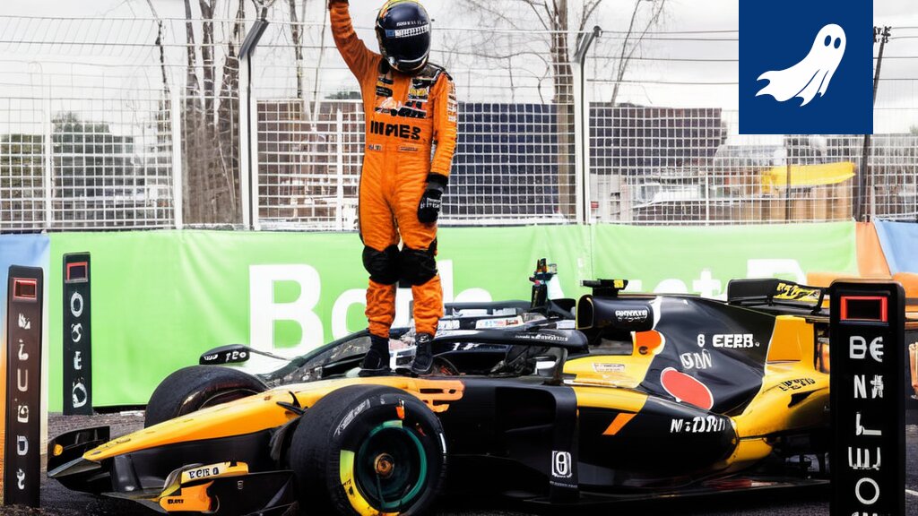 Lando Norris hymyilee Zandvoortin radalla, taustalla näkyy paloiteltu Formula 1 -auto.