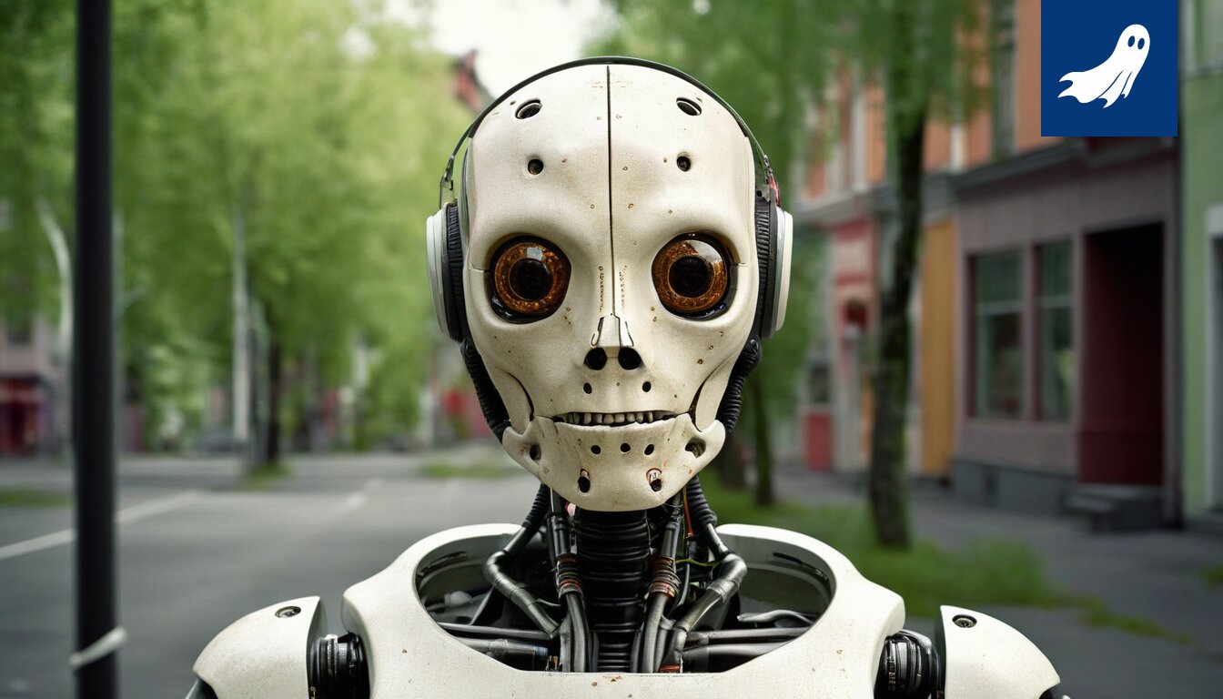 Sarjakuvamainen kuva Tampereen kaupungintalosta, jonka edessä seisoo rivi identtisiä robotteja, joilla kaikilla on pulla kädessään.