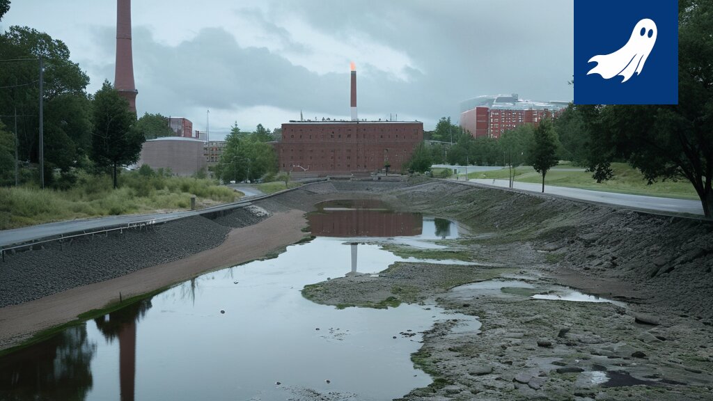 Tammerkosken koski virtaa, taustalla hämärästi datakeskuksen rakennuksia, vihjaten salaa tapahtuvaan kryptovaluutan louhintaan.