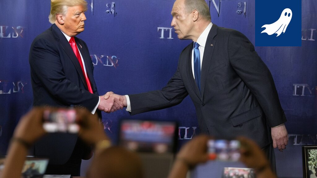 Sarjakuvamainen kuva Donald Trumpista pelaamassa rulettia öljytynnyreillä ja kryptovaluutan symboleilla.