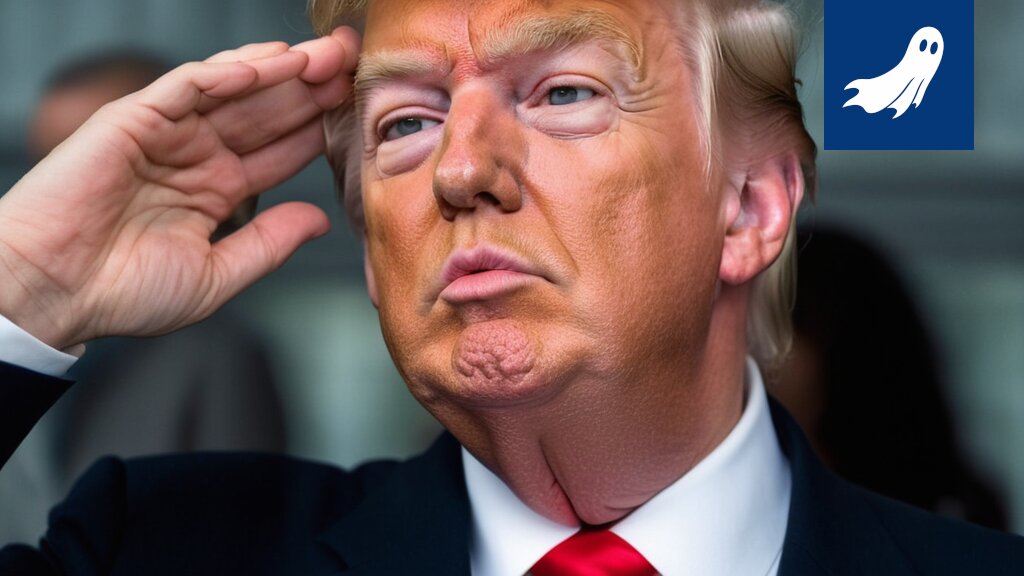 Sarjakuvamainen kuva Donald Trumpista osakkeita jakamassa turvapaikanhakijoille, symboloiden uutta osakeanti-ohjelmaa.
