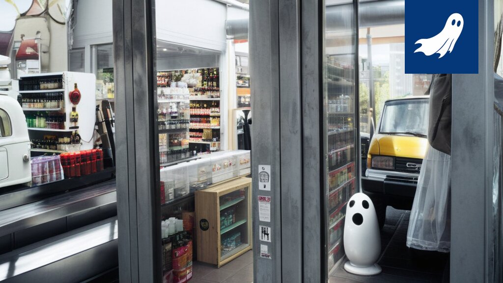 Robocop tarkastaa karkkihyllyjä Pien-Salessa, satiirinen kuva robottivalvonnan aiheuttamasta tilanteesta.