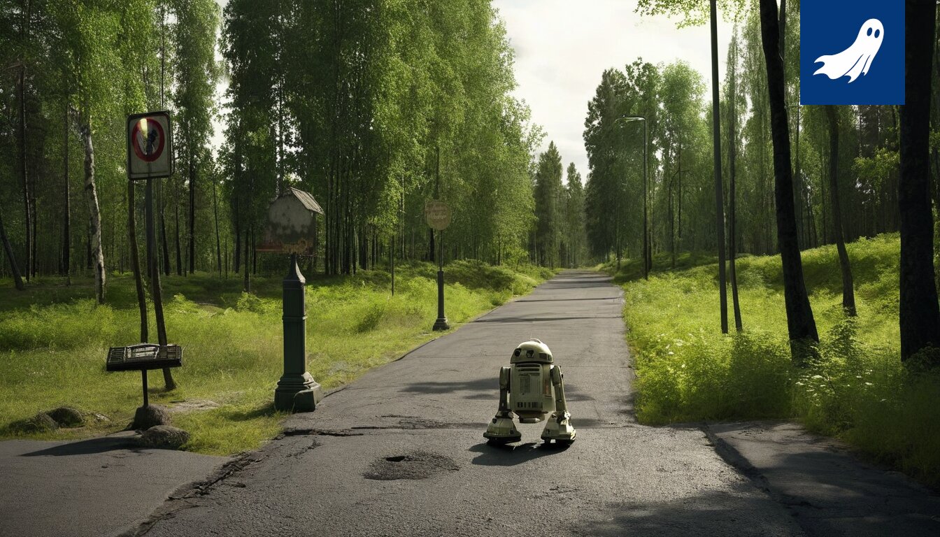 Kuva nojapyörästä, joka on joutunut robottisähköpotkulautojen ympäröimäksi, symboloiden teknologian ja ihmisen valintojen välistä konfliktia.