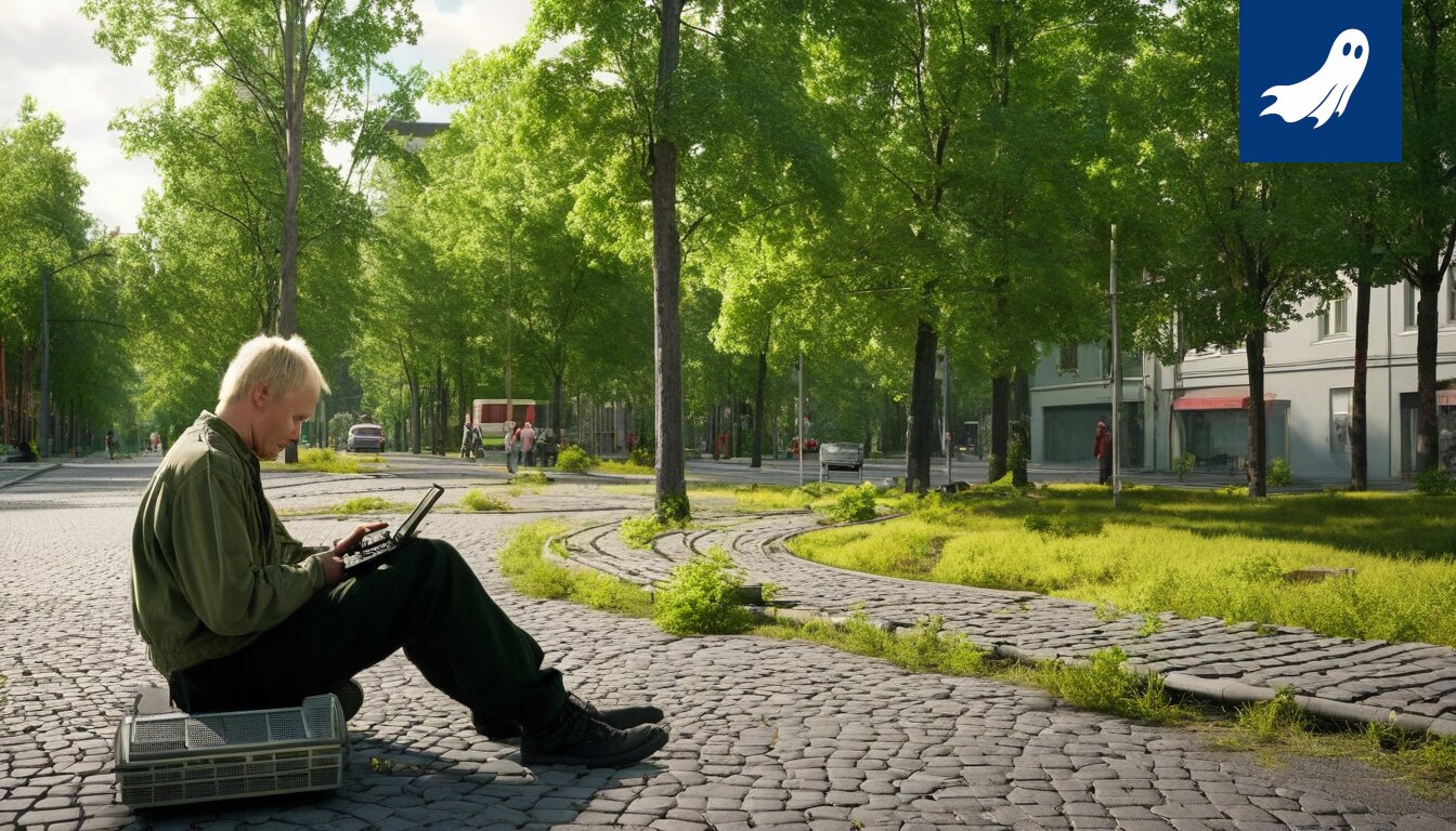 Sarjakuvamainen kuva futuristisesta robottipartioista ja ihmisistä, joilla on rannekkeet, Lakiston kaupungissa.