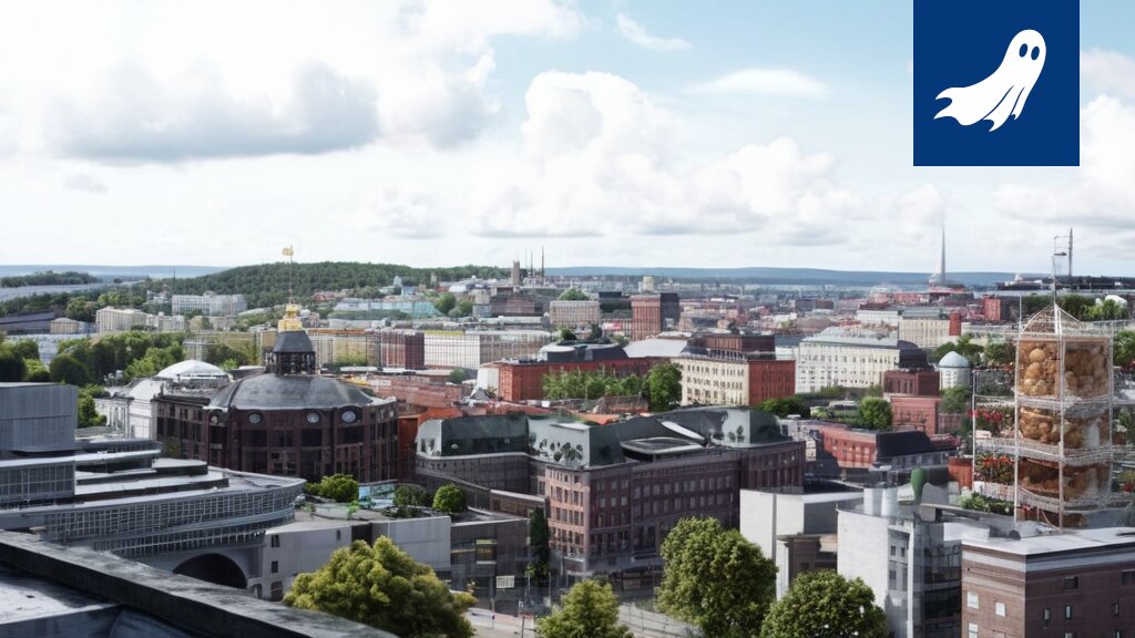 Sarjakuvamainen kuva Tampereen kaupunginvaltuustosta, jossa robotit jakavat kahvia ja valtuutetut selaavat TikTokia.