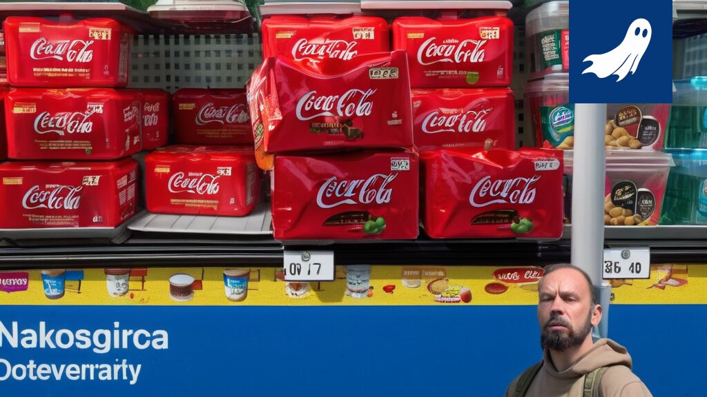 Coca-Cola-tölkki, jossa on pieni pörssikurssinäyttö, kuvaa satiirista uutista osakkeiden ostamisesta juomatölkeistä.