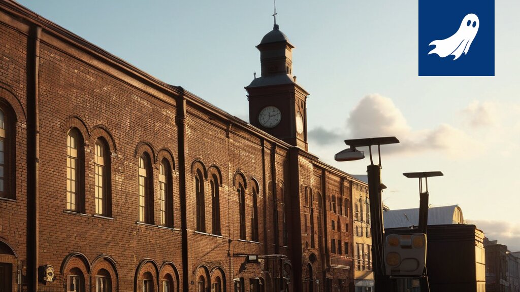 Renderöity kuva Tammerkosken rannalla sijaitsevasta modernista rakennuksesta, jossa on näkyvissä kaupallisia elementtejä.