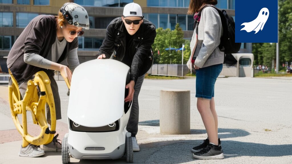 Ruokarobotti jakaa sakon toiselle robotille Tampereen Hämeenkadulla.