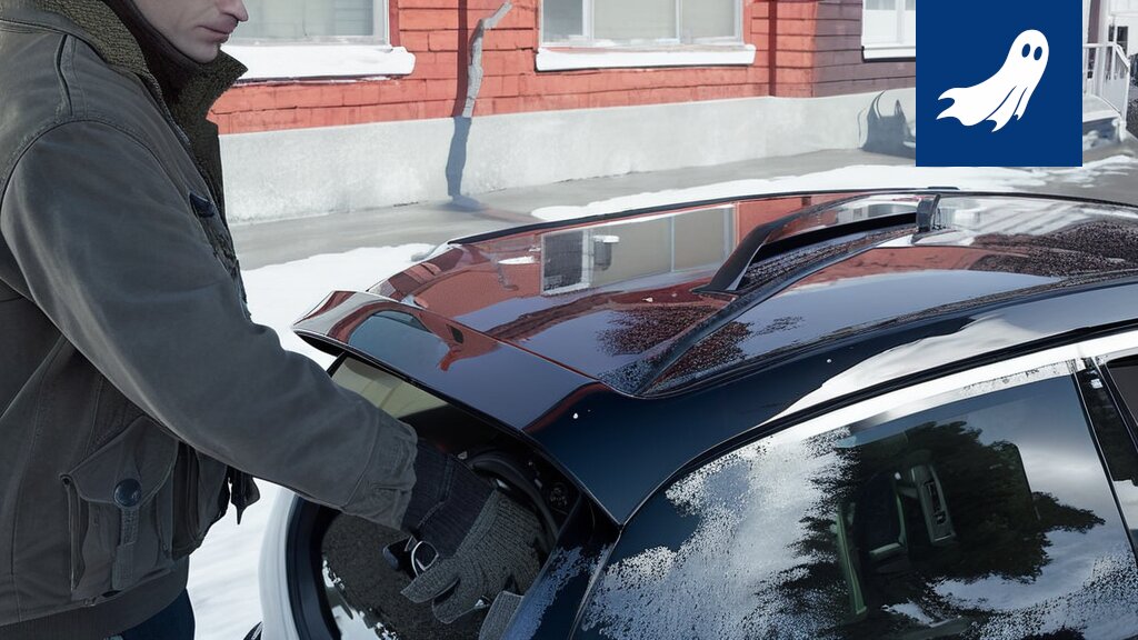 Ford Kuga -hybridiauton jäätä ja lunta peittämä latausluukku, joka on julistautunut itsenäiseksi valtioksi.