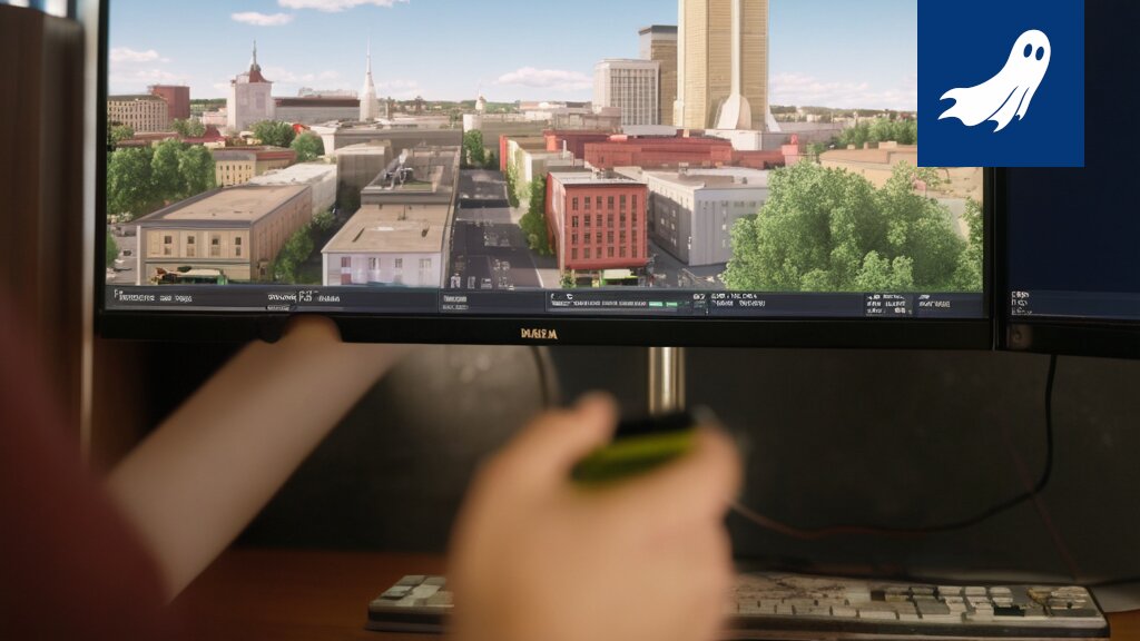 Satiirinen kuva Tampereen kaupungista, jossa näkyy digitaalisia mainosnäyttöjä ja futuristista kaupunkisuunnittelua.