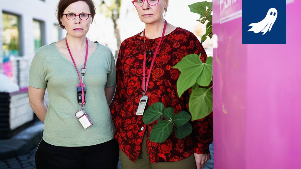 Satiirinen kuva Tampereen hyvinvointialueesta, jossa korostetaan algoritmiohjattua hyvinvointia ja täydellisiä hymyjä.