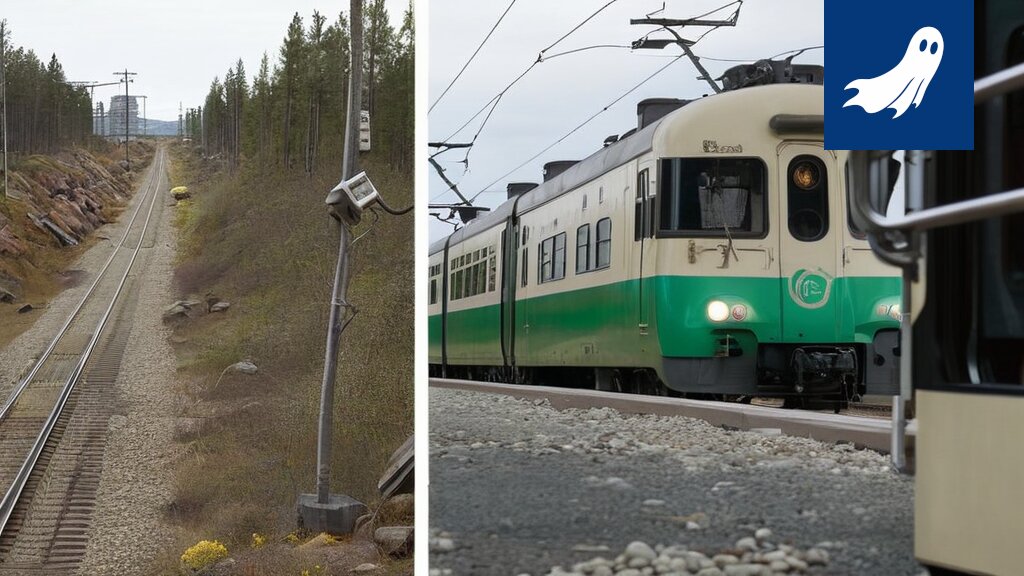 Satiirinen kuva robottijunasta Pirkanmaalla, jossa matkustajat näyttävät epäileviltä.