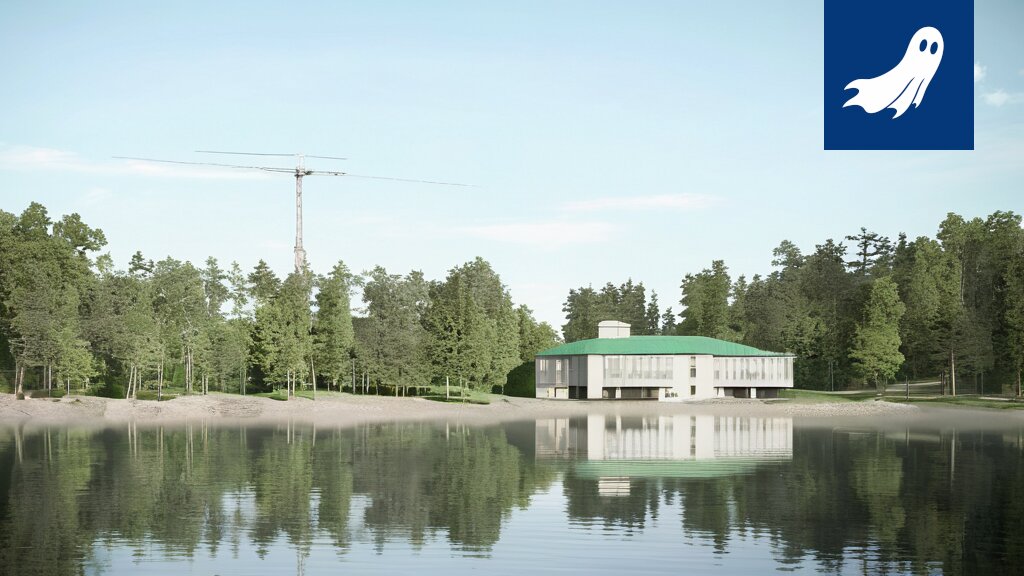Havainnekuva UKK-instituutista, joka kasvaa osakekauppapiramidina ja imeytyy Näsijärveen.