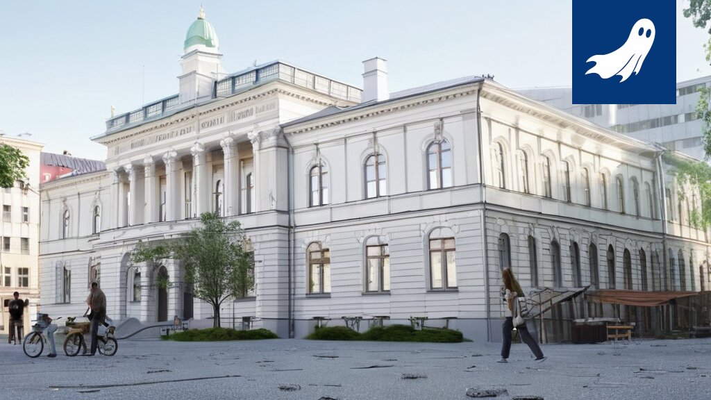 Raatihuoneen julkisivu muuttumassa NFT-louhintakeskukseksi, satiirinen kuva Tampereen tulevaisuudesta.