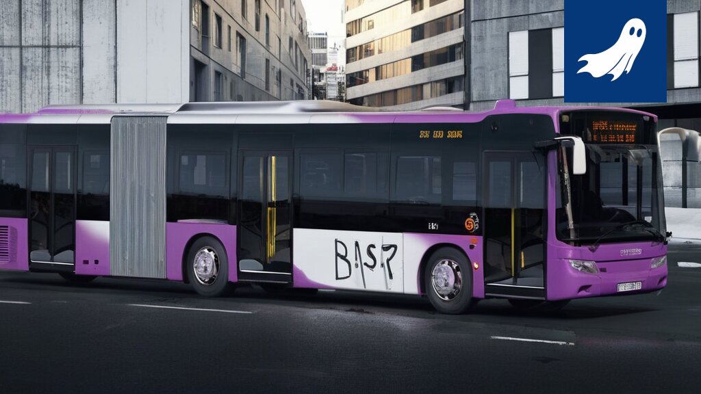 Satiirinen kuva Tampereen bussista, jonka kyljessä lukee pitkä ja mainoksellinen nimi.