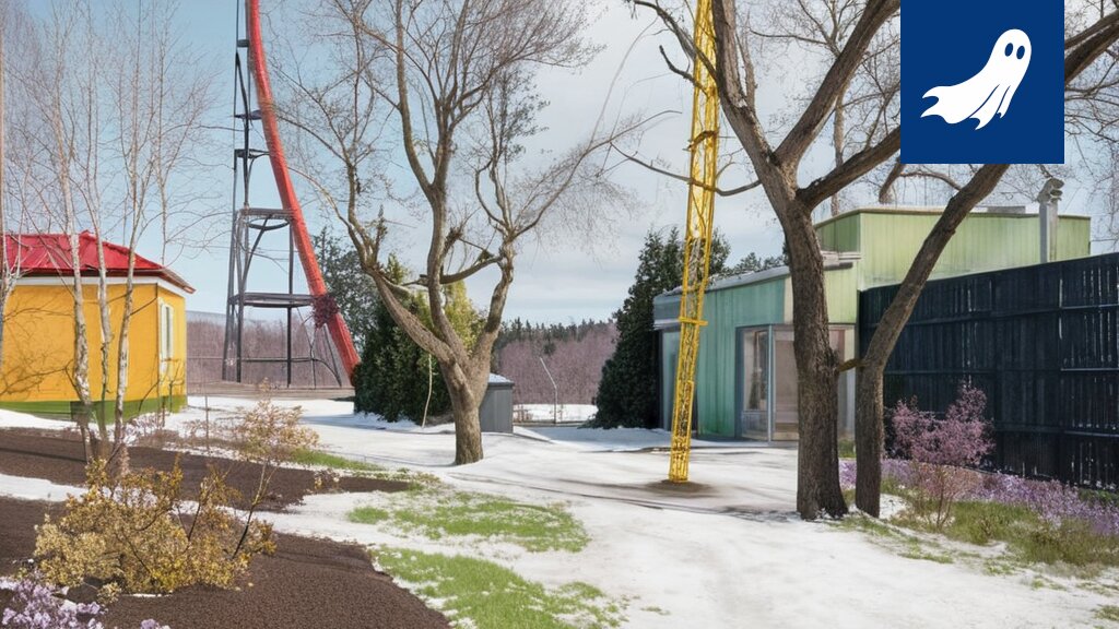 Lumisessa Särkänniemessä kohoaa hylätty karuselli, taustalla robotti ja lumimyrsky.